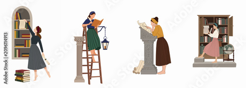 Bild auf Leinwand Set of flat illustrations featuring women in a vintage library setting, engaged in research, reading books, and organizing ancient scrolls and manuscripts