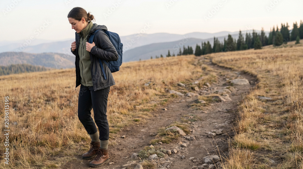 Obraz premium Solo Alpine Walker Adjusting Backpack On Quiet Autumn Mountain Trail