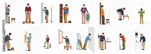 Εκτύπωση καμβά Collection of illustrations depicting a man experiencing various symptoms of anxiety, stress, and obsessive-compulsive disorder in a home environment
