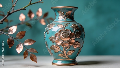 Turquoise ceramic urn vase with copper floral patterns, set against a soft teal background