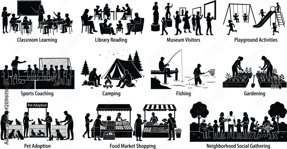 Fototapeta premium Community Activity Silhouette Vector Collection Featuring Education Recreation Healthcare and Everyday Lifestyle Scenes