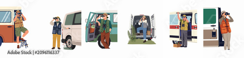 Принти на полотні Set of diverse birdwatchers and nature enthusiasts using binoculars while traveling in their camper vans, flat vector illustration on white background