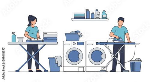 Collaborative couple works together in home laundry room ironing shirts and folding fresh linens to maintain an organized family household.