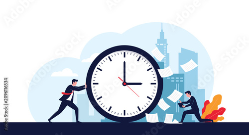 Conceptual image depicting the stress of time management with business professionals pushing and interacting with a giant ticking clock.