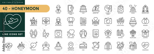 Photos A collection of Honeymoon icons set with editable stroke, including various wedding, balloons, romantic night, couple goals, love vacation, romantic holiday