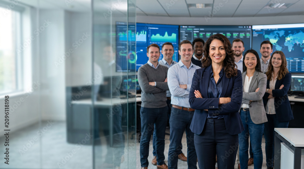 Fototapeta premium Diverse cybersecurity professionals standing together inside modern security operations center led by confident smiling female cybersecurity manager, enterprise IT security team portrait collaboration