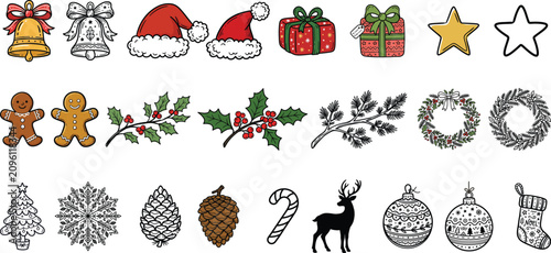 Set of Hand-Drawn Christmas Icons Featuring Festive Holiday Elements Like Bells, Santa Hats, Gifts, Stars, Gingerbread Men, Holly, and Ornaments.