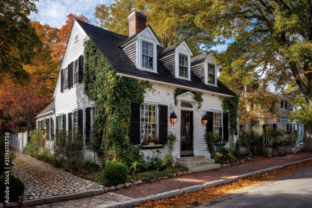 Obraz premium Photographic scene of a classic English-inspired home with autumn foliage and serene curb appeal