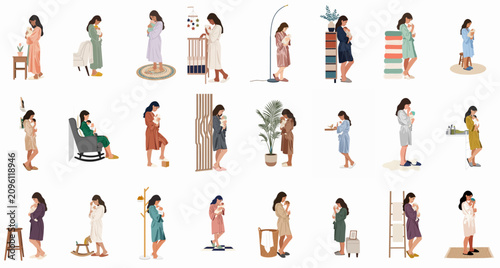 Foto Large set of flat illustrations showing a mother tenderly holding her newborn baby in different domestic scenes, wearing various bathrobes and loungewear