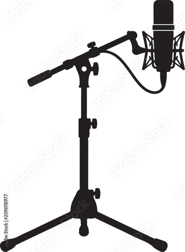 Podcast Microphone Stand Black Silhouette Isolated on White Background