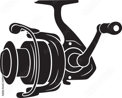 Spinning Fishing Reel Black Silhouette Isolated on White Background.