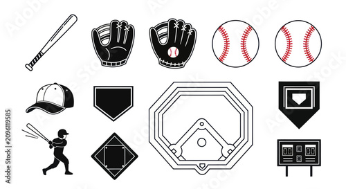 Baseball player swings bat near home plate with glove, ball and scoreboard