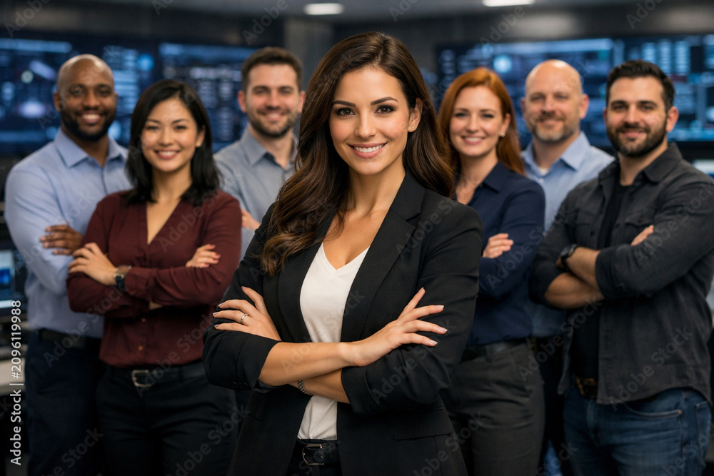 Fototapeta premium Diverse cybersecurity professionals standing together inside modern security operations center led by confident smiling female cybersecurity manager, enterprise IT security team portrait collaboration