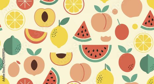 Quadro em tela Seamless Pattern of Fresh Fruits and Slices.