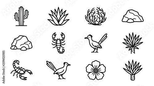 Tableau sur toile Desert Icons: Cactus, Agave, Scorpion, Roadrunner, Rocks, Flower, Bush