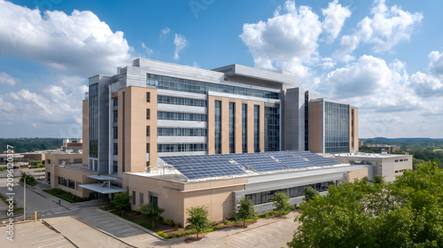 Exterior view of a large modern hospital building with solar panels installed on the roof under a clear blue sky.