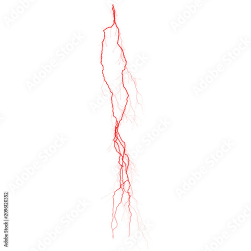 Red lightning bolt isolated on white. Electric discharge flash effect for graphic design overlays.