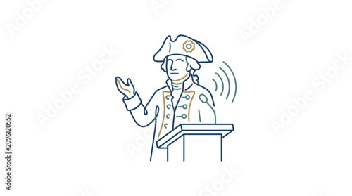 Minimalist line art illustration of George Washington giving a speech at a podium.