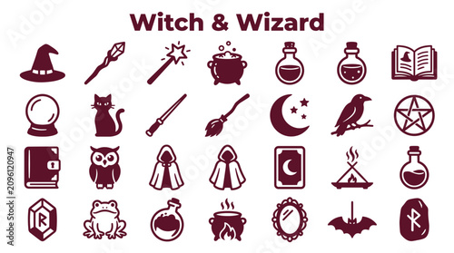 Bild auf Leinwand Collection of Witch and Wizard Symbols and Icons for Magic and Fantasy Themes