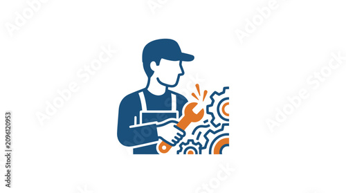 Man wearing apron holding wrench tool.