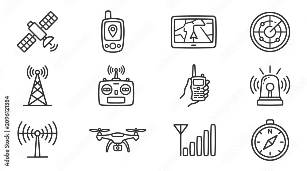 Fototapeta premium Communication and Navigation Technology Icons: Satellite, GPS, Radar, Drone, Compass