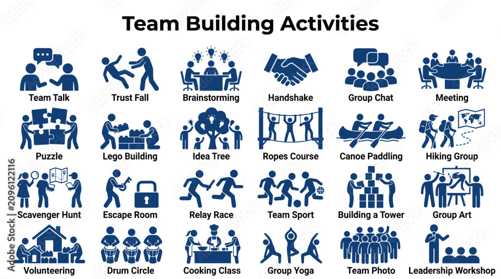 Obraz premium Diverse team building activities collection, icons representing collaboration, communication, problem solving, and fun for corporate events and work environment.
