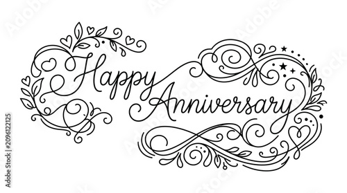 Black line art Happy Anniversary greeting.