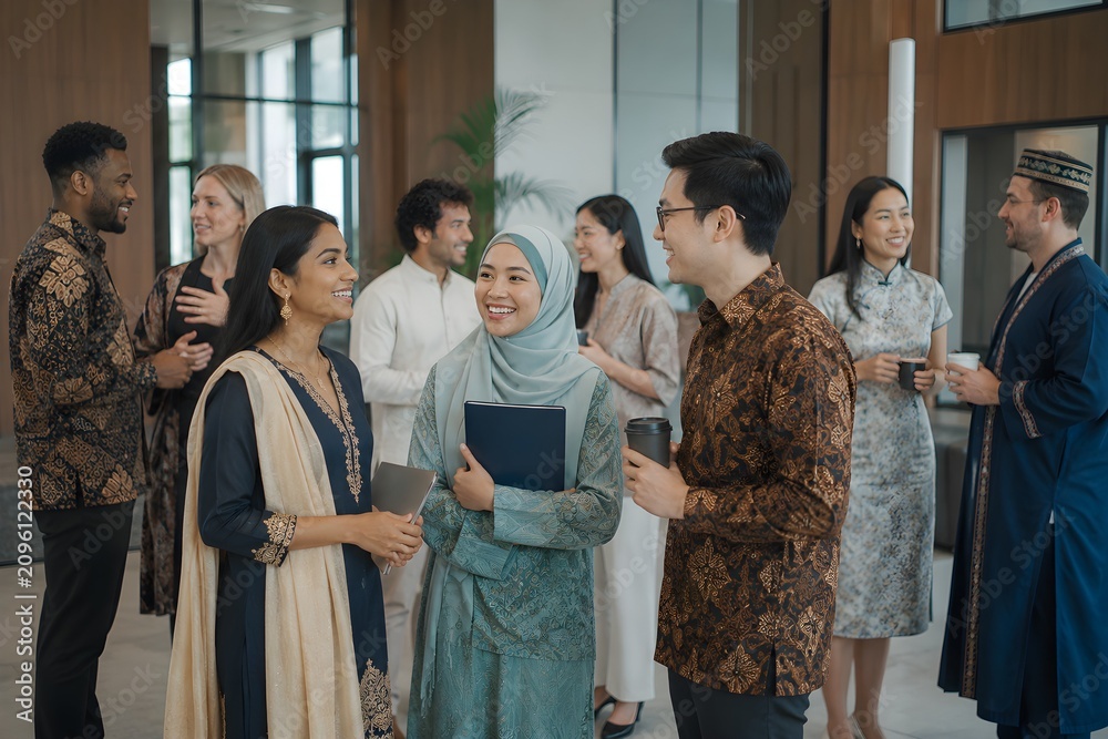 Obraz premium Multicultural Professionals Networking at Corporate Cultural Event