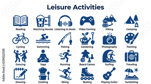 Konstfotografi Collection of diverse leisure activities icons representing hobbies and free tim