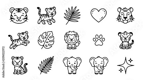 Photography Cute Safari Animals Icons: Tigers, Lions, Elephants, Leaves, Heart, Paw Print, S