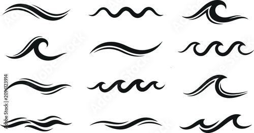 Set of hand drawn ink ocean wave shapes and water ripples with collection