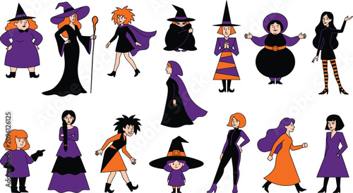 Photos Halloween Witch Character Collection Vector Set with Cute Cartoon Female Magic I