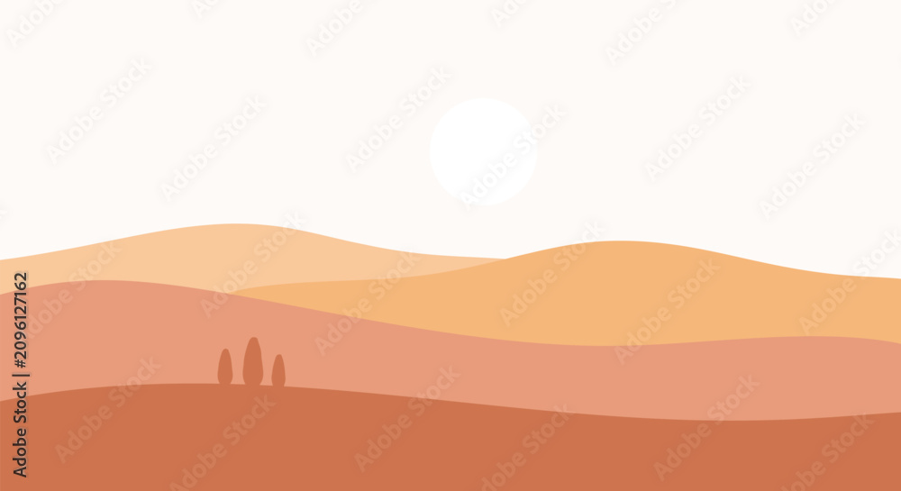 Naklejka premium Modern Minimal Desert Landscape Background with Layered Mountains, Sun and Earth Tone Colors, Flat Vector Illustration, EPS 10