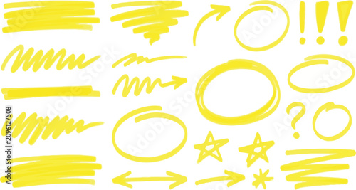 Collection of yellow fluorescent felt marker pen strokes hand drawn highlighter marks circles arrows and scribbled underlining elements isolated on white background for design editing office.