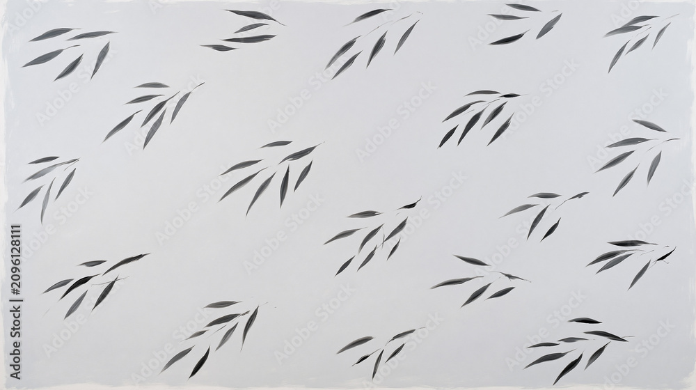 Obraz premium Minimal scattered leaf arcs hovering over pale rice grey capture serene pattern of delicate bamboo leaf clusters drifting across soft textured background, evoking calm and minimalist botanical