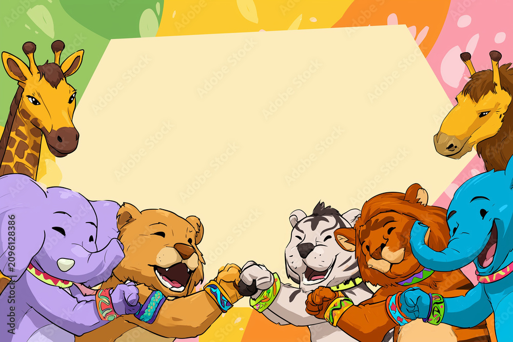Naklejka premium Cute cartoon animals celebrating friendship with bands and smiles on a vibrant background. 