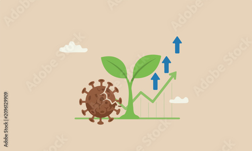 pandemic economic after Coronavirus crash and economic recession concept, green sprout plant successfully growing from dead coronavirus pathogen