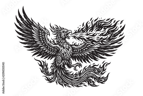 Striking black and white phoenix bird rising from flames. Detailed vintage engraving style vector illustration, perfect for tattoos and bold logos.