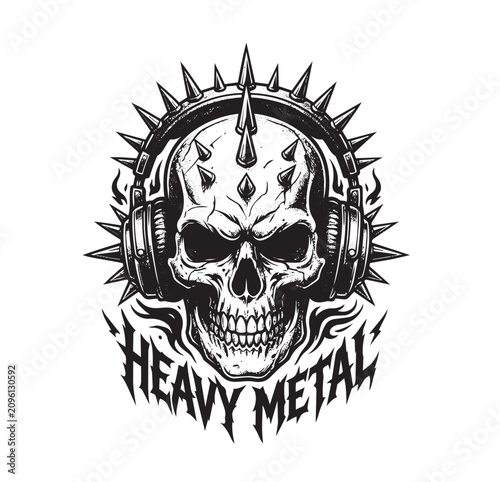Edgy heavy metal skull vector wearing spiked headphones and surrounded by flames. High-contrast black and white illustration with bold typography.