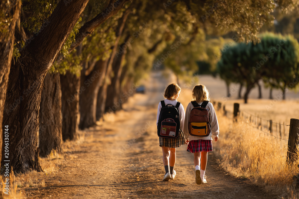 Fototapeta premium School friends walking under trees in morning light, evoking nostalgic friendship vibes. 