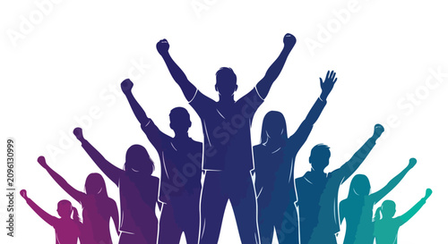 Fotografie Group of People Celebrating with Raised Hands and Joyful Expressions