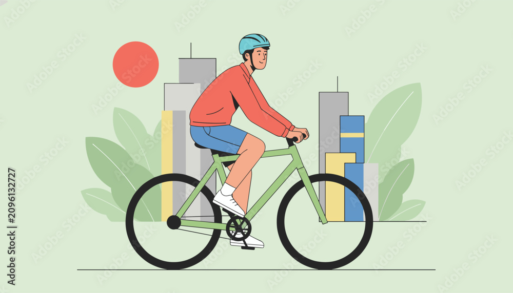 Fototapeta premium Active young man wearing a helmet rides his green bicycle down a city street with tall buildings in the background.
