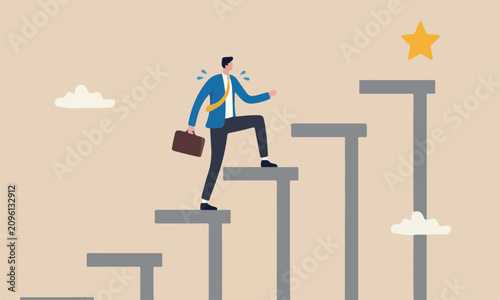 big step The style of the illustration is modern, flat design with clean lines and minimal shading for career or adversity concept, businessman trying hard with full effort to climb up big ladder