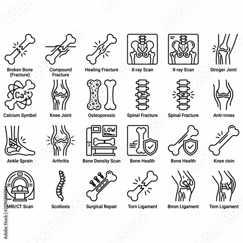 Collection of linear icons depicting various bone and joint conditions, medical scans, and treatments for skeletal health.