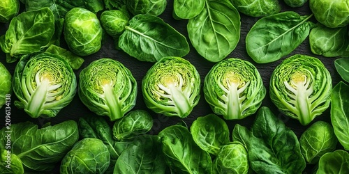 Fresh Raw Green Halved Brussels Sprouts And Spinach Vegetable Leaves Macro Top Down Backdrop Format.