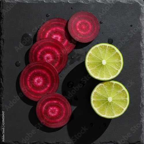 Sliced red beets and fresh lime halves on dark stone background