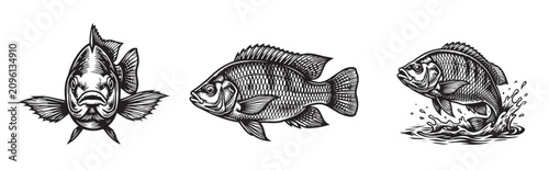 Collection of 3 black and white tilapia fish vector illustrations. Features swimming and jumping freshwater fish in vintage engraving style.