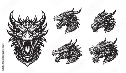 Set of 5 fierce black and white dragon head vector illustrations in vintage engraving style. Perfect for logos, tattoos, or mascot designs.