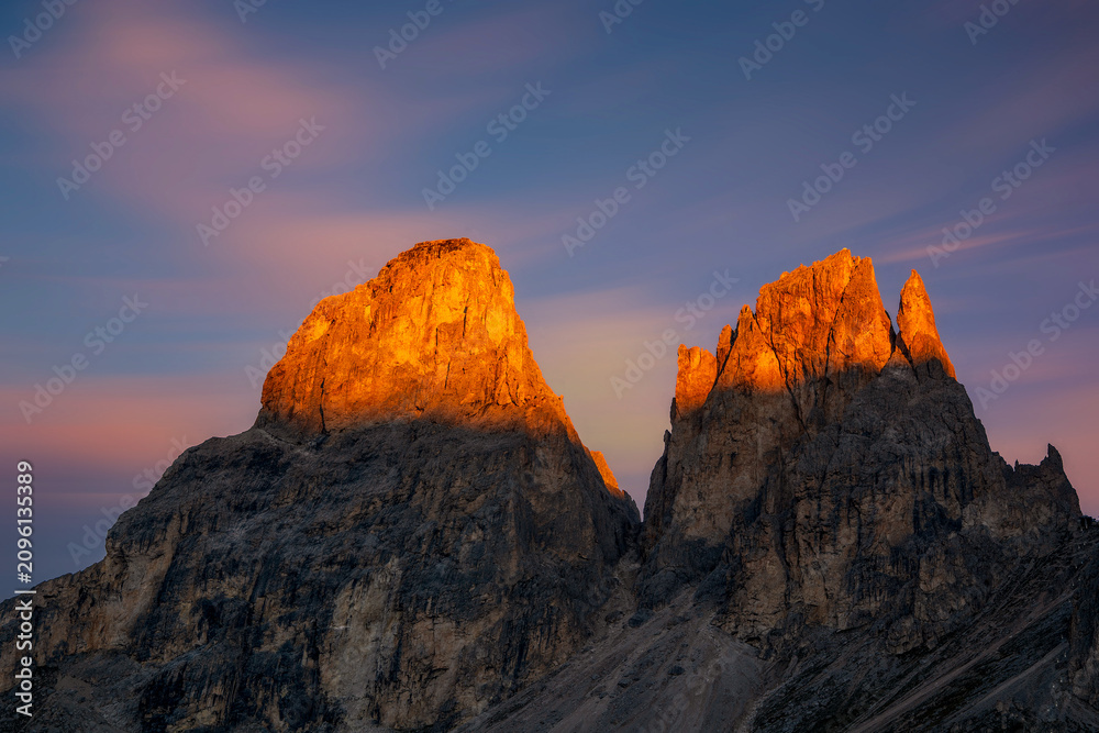 Naklejka premium View of the Langkofel group in the morning light in Italy.