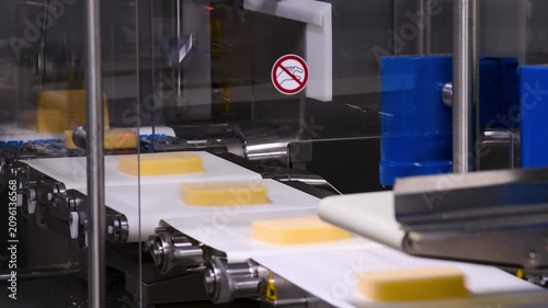 Conveyor belt with pieces of yellow cheese moving on it.